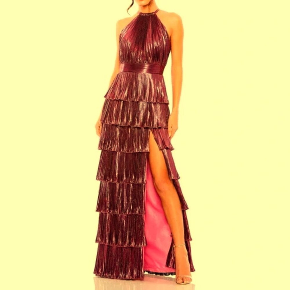 Mac Duggal Metallic Plum Tiered Fringe Halter Maxi Dress